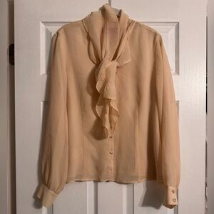 Oscar de la Renta Cream Bow Ruffle Blouse Sheer with Lining Sz 12